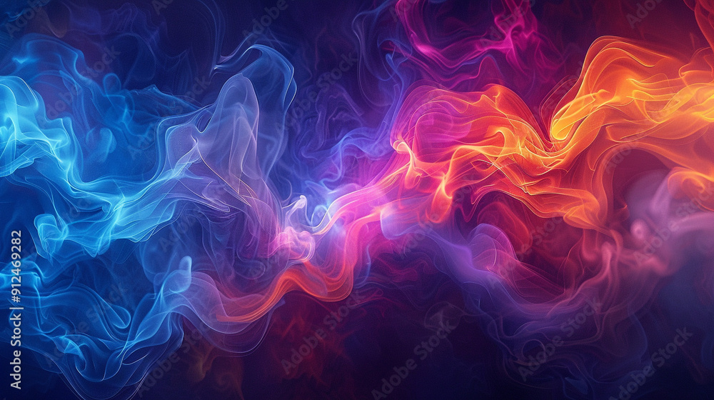 A vibrant abstract composition of swirling, colorful smoke-like shapes, with a sense of ethereal lightness and fluidity, set against a dark background. A vibrant abstract composition of swirling, colorful smoke-like shapes, with a sense of ethereal lightness and fluidity, set against a dark background.