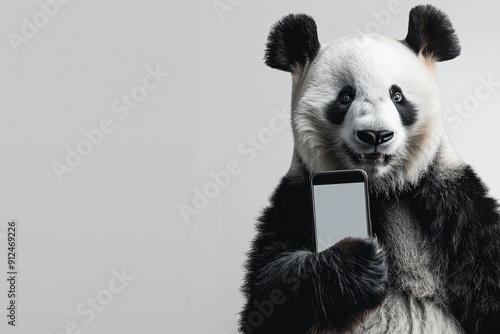 A panda holding a smartphone with a friendly grin demonstrating the ease of mobile banking