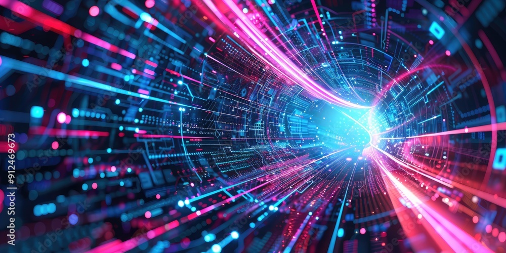 Neon lights in a digital tunnel. Neon lights in a digital tunnel.