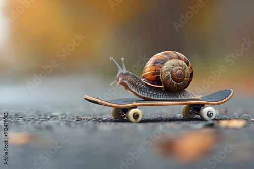 Snail on a skateboard, representing out-of-the-box solutions to slow processes and acceleration of tasks. Ideal for business, innovation, and creative problem-solving imagery photo