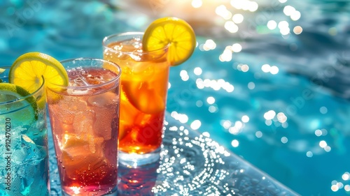 Orange soft drinks in two glasses placed by a pool with crystal-clear blue water, perfect for summer relaxation and beverage promotions