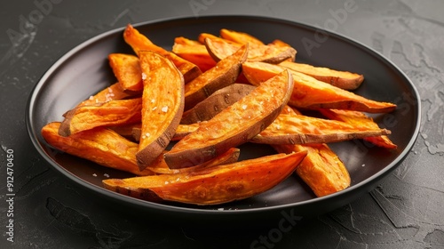 Homemade sweet potato fries on black plate, crispy outside, tender inside, lightly salted