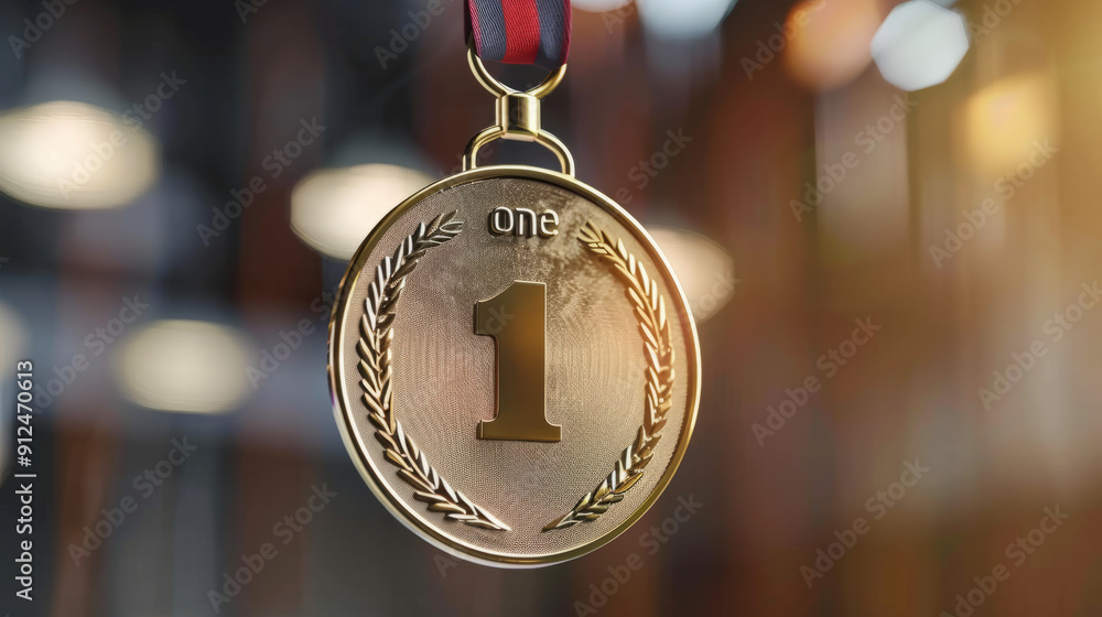 Gold first place medal with a sports stadium background Gold first place medal with a sports stadium background