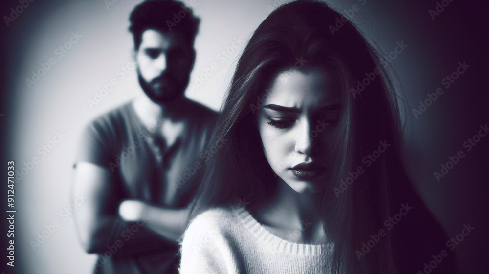 Sad, upset woman in the foreground, blurred man in the background. Concept of conflict between man and woman. Sad, upset woman in the foreground, blurred man in the background. Concept of conflict between man and woman.