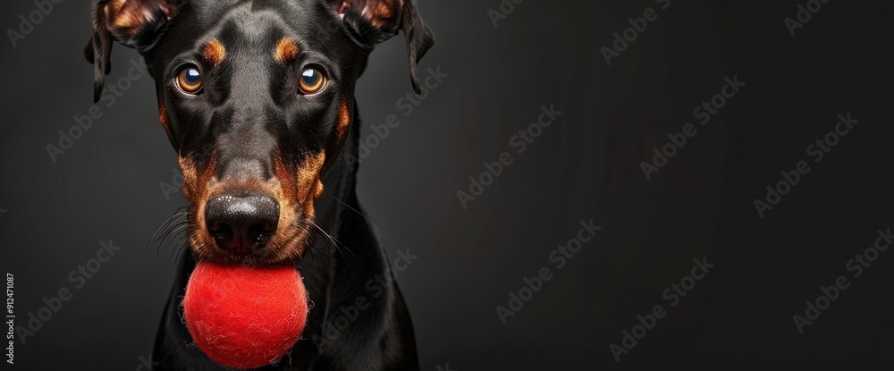 Obraz premium Portrait of a Doberman dog with a toy in its mouth, shot on an isolated black background. Studio shot, close-up.