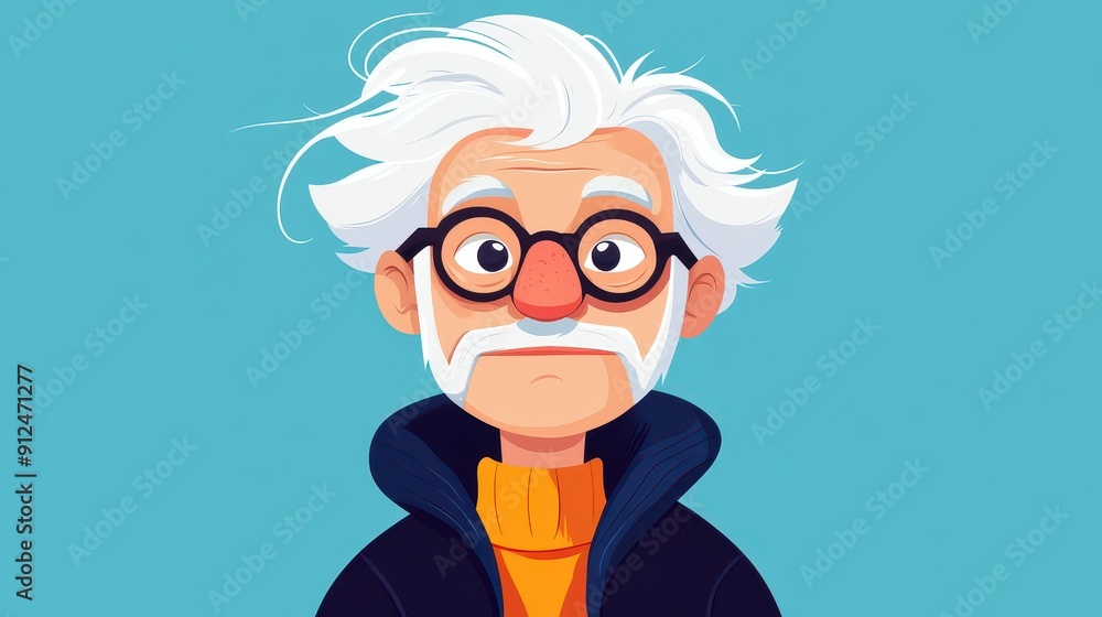 A stylish elderly person with eyeglasses and a hippie vibe, captured in a modern, textured cartoon illustration. A stylish elderly person with eyeglasses and a hippie vibe, captured in a modern, textured cartoon illustration.