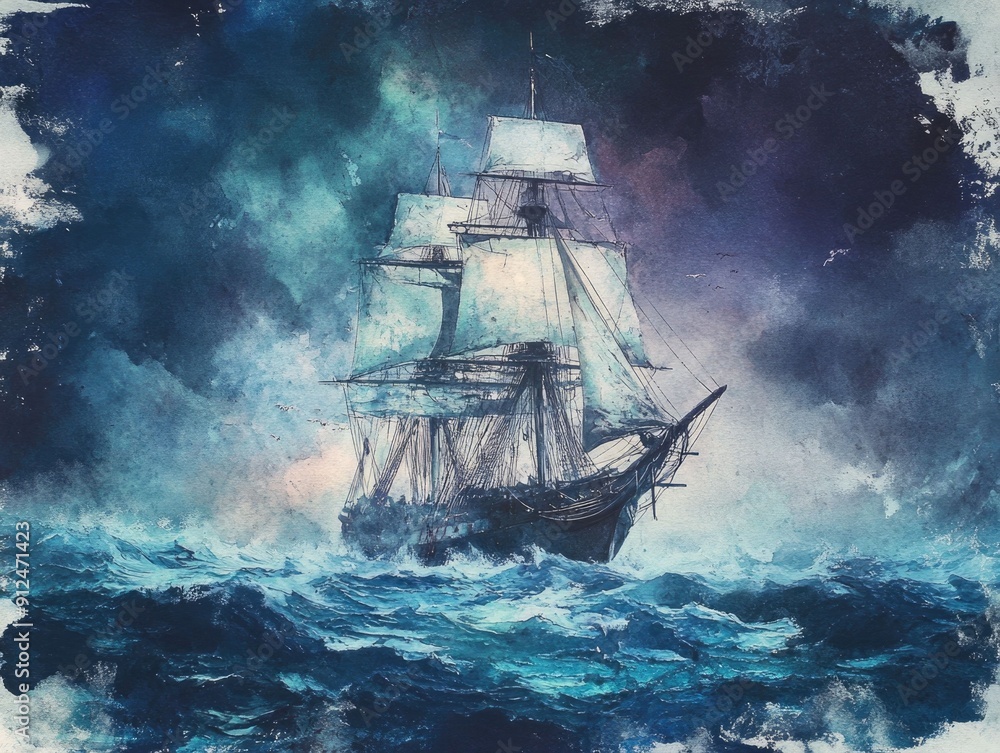 Fototapeta premium Haunting Depiction of a Ghostly Sailing Ship Battling Turbulent Stormy Seas in a Dramatic Moody Watercolor Seascape Style