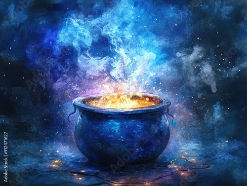 Bubbling cauldron filled with a mystical potion surrounded by swirling cosmic smoke and a starry watercolor backdrop creating an otherworldly supernatural and enchanting scene