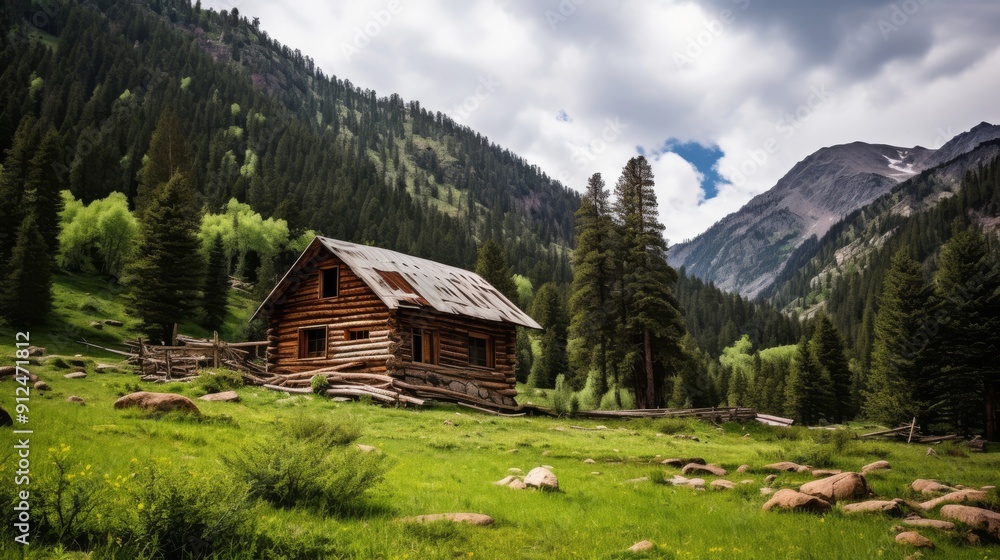 Old cabin set in serene mountain valley Old cabin set in serene mountain valley