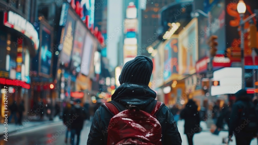 A person walking through a bustling city, with the focus on the vibrant urban environment rather than the individual A person walking through a bustling city, with the focus on the vibrant urban environment rather than the individual