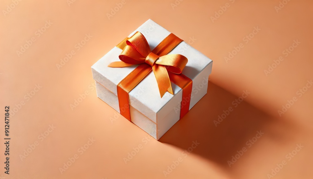 A realistic image of a white gift box with a orange ribbon, placed on a light green background A realistic image of a white gift box with a orange ribbon, placed on a light green background