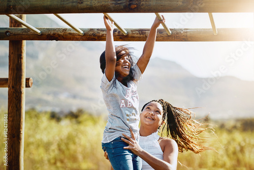 Photography Mother, happy child and play at jungle gym for support, energy or exercise with family at park