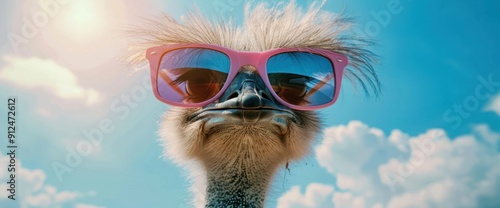 Portrait of a funny ostrich in sunglasses against the sky photo