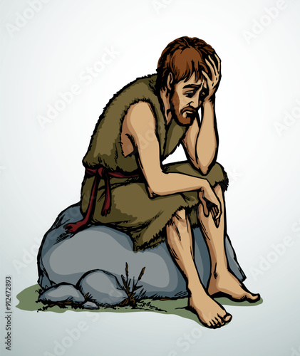 Vector drawing. A sad man and pigs