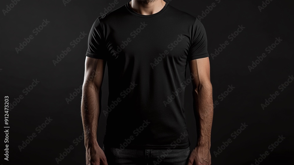 Generative AI, Realistic black T-Shirt mock up blank put on young man, copyspace for presentation advertising. Blank business concept. Generative AI, Realistic black T-Shirt mock up blank put on young man, copyspace for presentation advertising. Blank business concept.