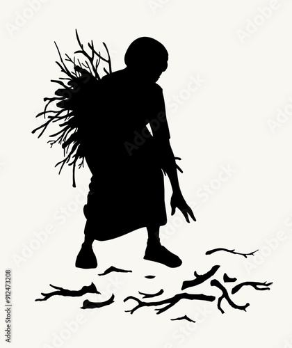Vector drawing. Woman collecting firewood
