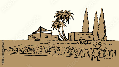 Vector drawing. Reapers in the field