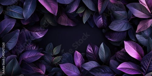 A decorative frame in purple and black surrounded by real or artificial purple leaves, ideal for using as a border or accent in designs