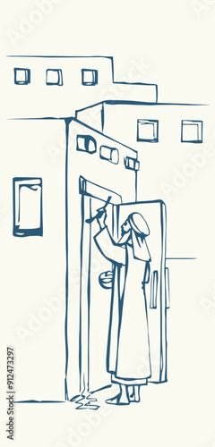 Vector drawing. The family fulfills God's command. Anoints the doorposts with the blood of the lamb photo