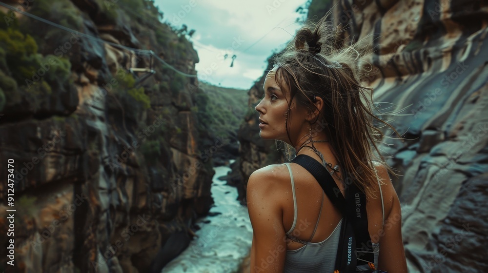 Obraz premium Adventurous woman at bungy cafe, action camera in hand, ready for canyon jump with river below