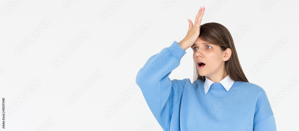 Gosh why me. Portrait of unhappy and annoyed young arrogant woman facepalming with irritation breathing out with opened mouth and rolling eyes from annoyance and exhaust Gosh why me. Portrait of unhappy and annoyed young arrogant woman facepalming with irritation breathing out with opened mouth and rolling eyes from annoyance and exhaust