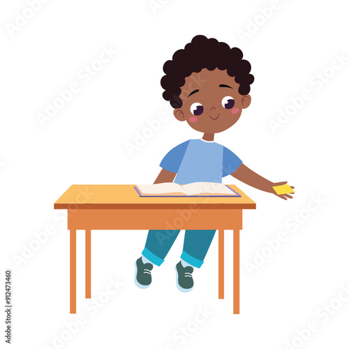 Boy Character at School at Desk Have Lesson Vector Illustration