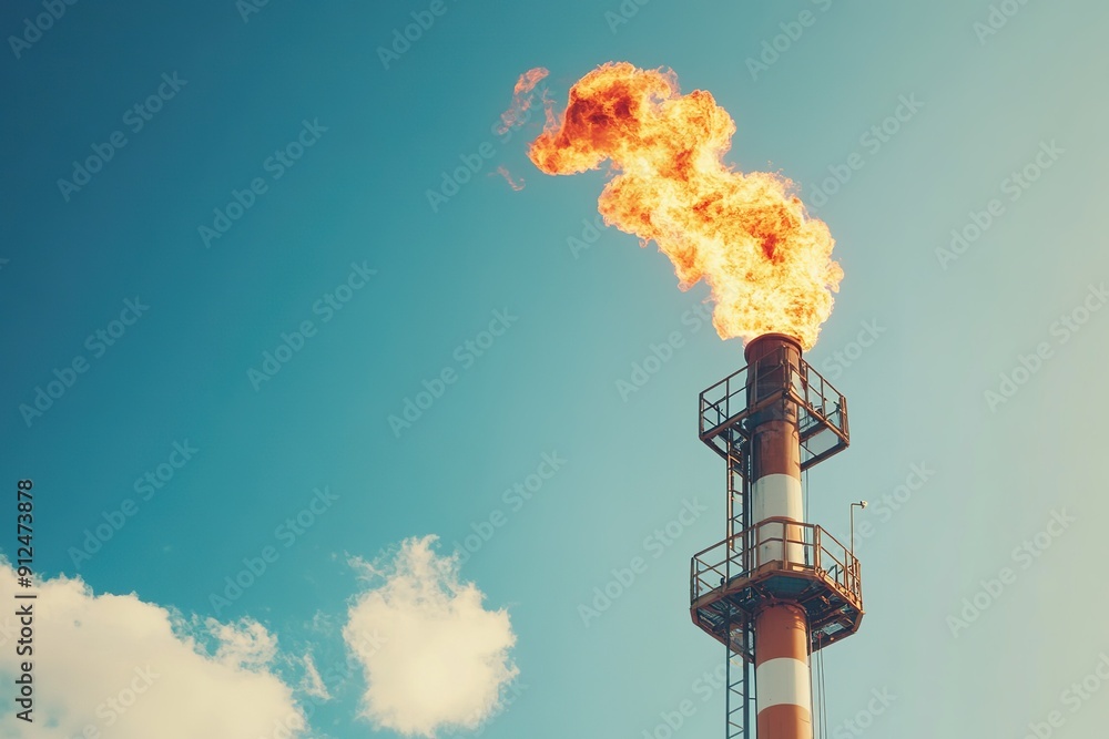 Gas flaring from a tall stack in an oil field Stock Photo | Adobe Stock