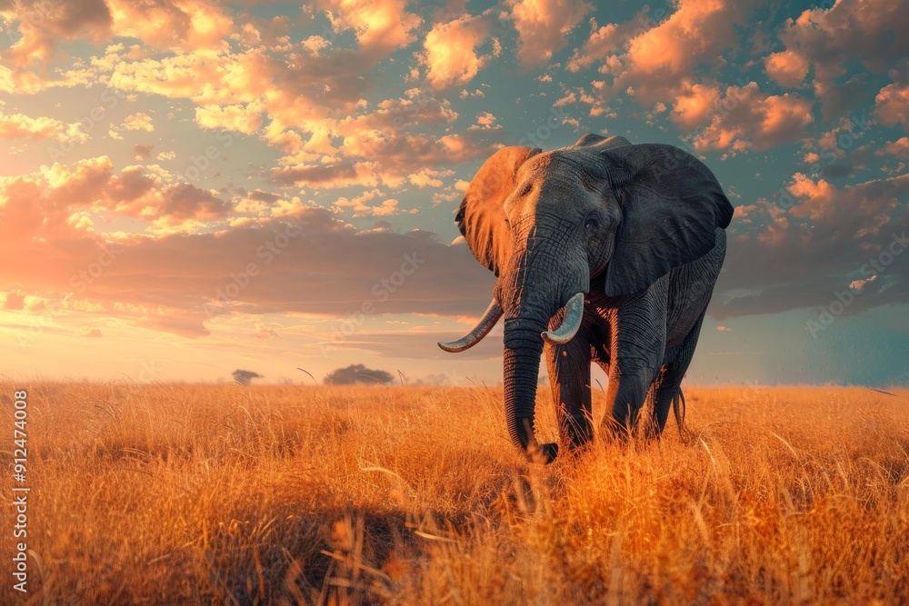 Fototapeta premium Elephant walks through tall grassland beneath a colorful sunset sky