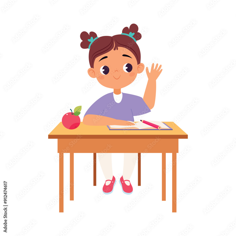 Girl Character at School at Desk Have Lesson Vector Illustration Girl Character at School at Desk Have Lesson Vector Illustration