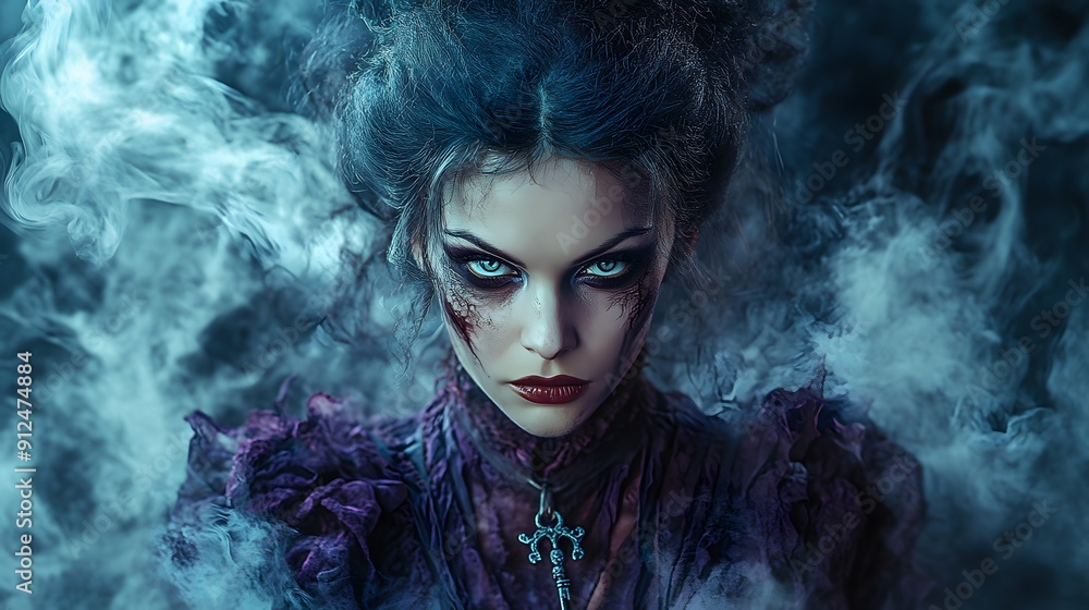 Malevolent Enchantment. Gothic portrait of an evil witch in a tattered purple robe Malevolent Enchantment. Gothic portrait of an evil witch in a tattered purple robe