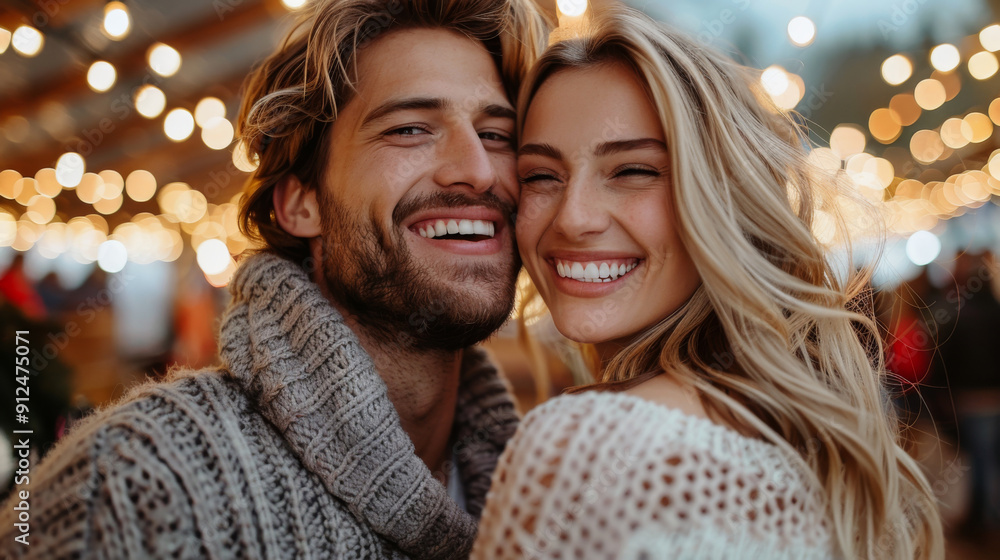 A happy couple, dressed warmly, smiling under festive lights at an outdoor Christmas market. The background is filled with bokeh lights, creating a warm and joyful atmosphere. A happy couple, dressed warmly, smiling under festive lights at an outdoor Christmas market. The background is filled with bokeh lights, creating a warm and joyful atmosphere.
