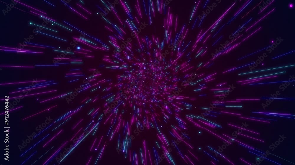 Traveling through hyperspace. Hyperspace jump through the stars to a distant space. Abstract teleportation. Motion and space are represented by animated dots and lines. Traveling through hyperspace. Hyperspace jump through the stars to a distant space. Abstract teleportation. Motion and space are represented by animated dots and lines.