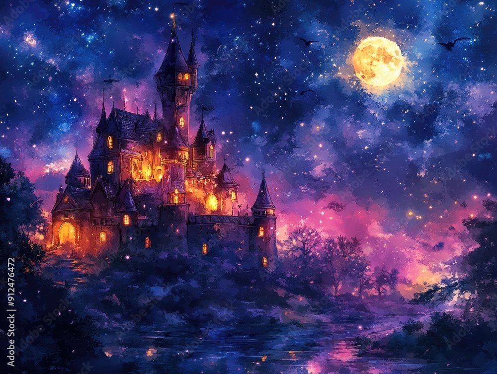 Fototapeta premium A glowing fairy tale castle stands tall and proud surrounded by a mystical forest and a tranquil river under the enchanting glow of the full moon The scene is painted in a vibrant watercolor style