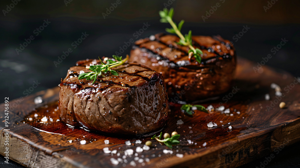 Two delicious grilled filet mignon steaks are seasoned with salt and fresh thyme and resting on a wooden cutting board Two delicious grilled filet mignon steaks are seasoned with salt and fresh thyme and resting on a wooden cutting board