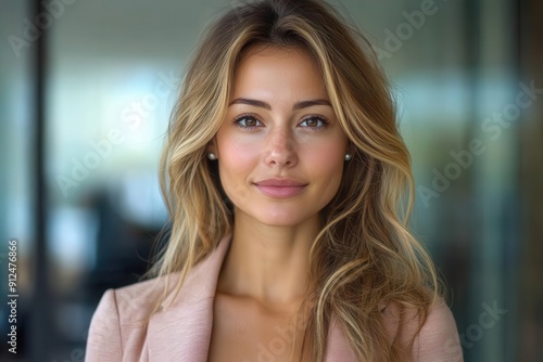 Wallpaper Mural confident businesswoman in a stylish pink blazer stands in a modern office setting soft lighting and blurred background create a professional yet approachable atmosphere Torontodigital.ca