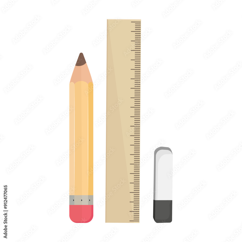 Simple pencil, ruler and eraser on isolated background. Back to school. Vector set of elements. Simple pencil, ruler and eraser on isolated background. Back to school. Vector set of elements.