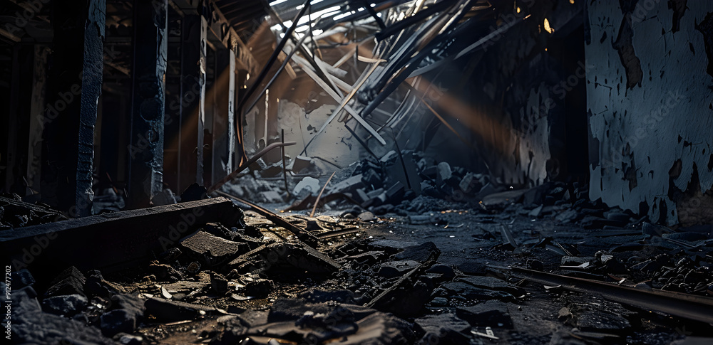 Inside a dark and dim abandoned or destroyed building. Crumbling concrete rubbles and steel reinforcement rebars showing. Abstract background Inside a dark and dim abandoned or destroyed building. Crumbling concrete rubbles and steel reinforcement rebars showing. Abstract background