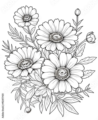 flower outline illustration coloring book page design, flower black and white line art drawing coloring book pages for children and adults,Line art garden flowers set. Botanical illustration