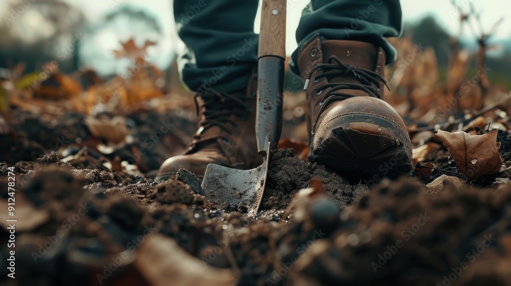 Close-up of a Person's Foot in Brown Boots Stepping on a Shovel in the Dirt Close-up of a Person's Foot in Brown Boots Stepping on a Shovel in the Dirt