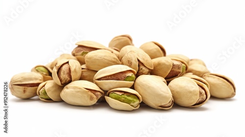 A pile of pistachios on a white background.