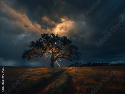 Stunning Tree Illuminated by Lightning Against Dark Stormy Sky at Dusk