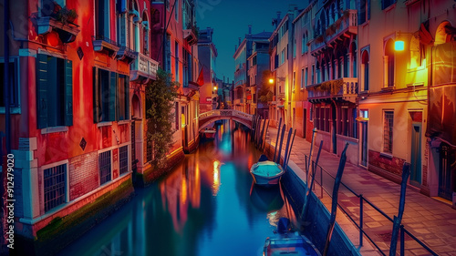 A stunning night view of colorful houses lining a canal street