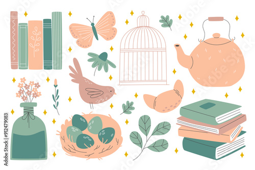 Paper books stack, birds and cage, kettle pot, nest with eggs, flowers and vase with bouquet set
