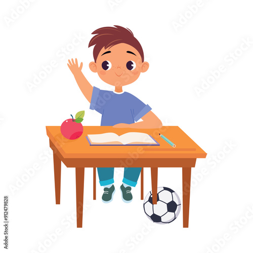 Boy Character at School at Desk Have Lesson Vector Illustration