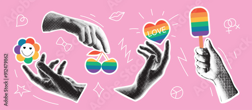 Pride Month collage concept. Vector illustration with halftone hands holding Rainbow elements. LGBTQ set. Collage with cut out paper elements for decoration of LGBT events.