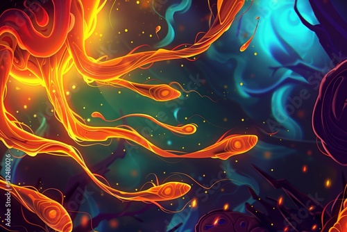 Abstract Digital Art with Vivid Colors and Fluid Patterns on a Blue Background