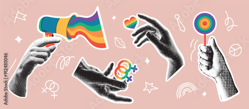 Pride Month collage concept. Vector illustration with halftone hands holding Rainbow elements. LGBTQ set. Collage with cut out paper elements for decoration of LGBT events.