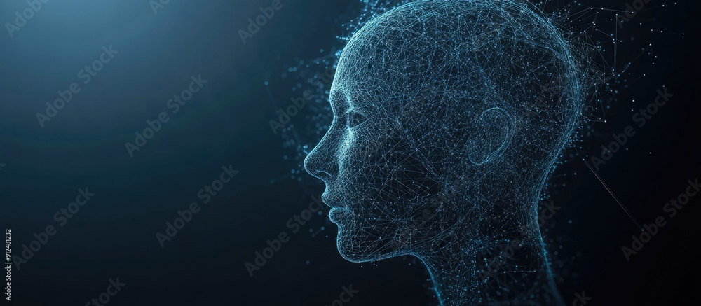 Fractal human head shape with interconnected lines and dots on a dark blue background representing advanced technology biological innovation and revolutionary information processing 3D rendering Fractal human head shape with interconnected lines and dots on a dark blue background representing advanced technology biological innovation and revolutionary information processing 3D rendering