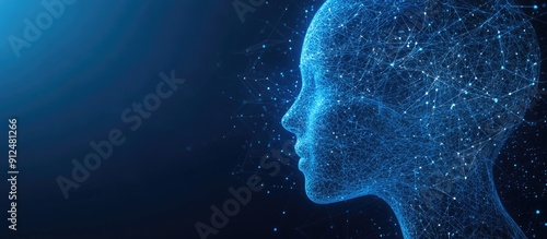 Fractal human head shape with interconnected lines and dots on a dark blue background representing advanced technology biological innovation and revolutionary information processing 3D rendering