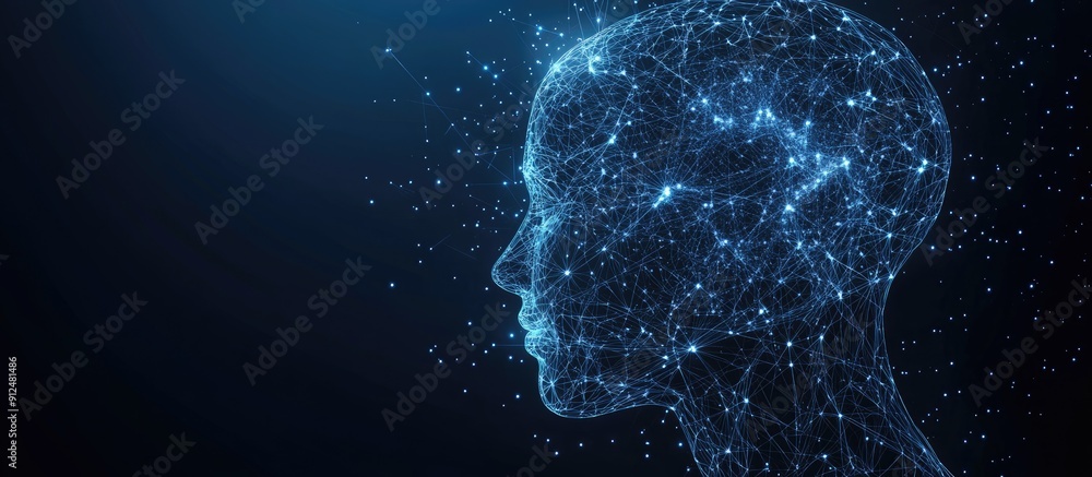 Fractal human head silhouette with interconnected lines and dots on a dark blue background representing advanced technology biological innovation and revolutionary information processing 3D render Fractal human head silhouette with interconnected lines and dots on a dark blue background representing advanced technology biological innovation and revolutionary information processing 3D render